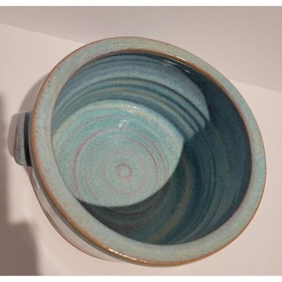 Handmade Studio Art Pottery Bowl with Handles Blue Swirl Glaze Artist Signed - Picture 7 of 9